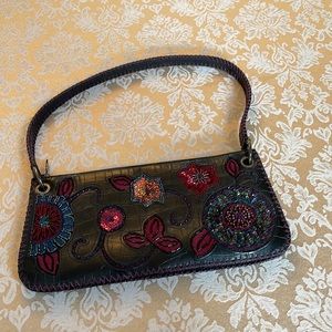 Braccialini vintage black black leather croco bag with sequins & beads detail